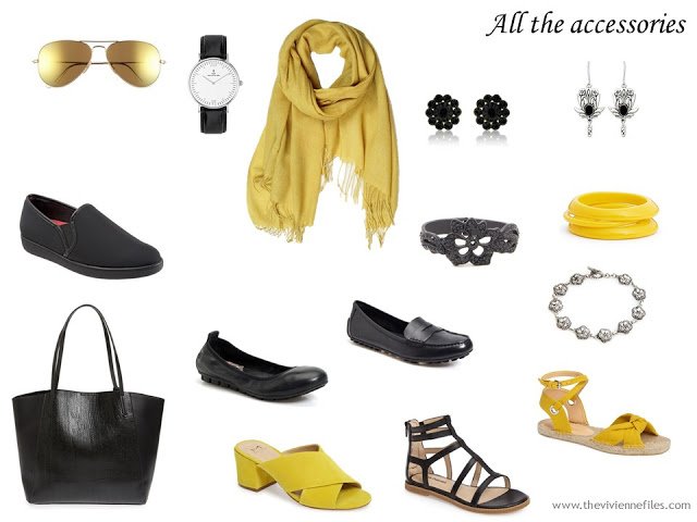 accessories in black, silver and yellow, to work with a capsule wardrobe focused on a yellow floral cardigan