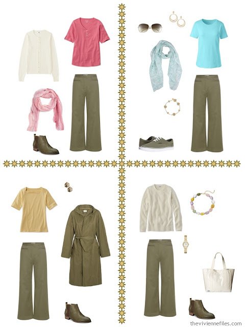 four travel capsule wardrobe outfits including olive pants