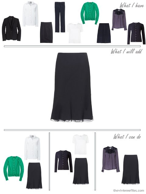 How to add a navy silk skirt to a business capsule wardrobe