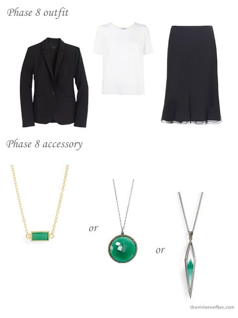 How to add a green pendant to a business capsule wardrobe