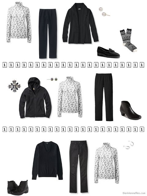 three ways to wear a black and white floral cotton turtleneck