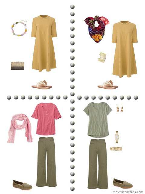 A travel capsule wardrobe in an olive, gold, and purple color palette