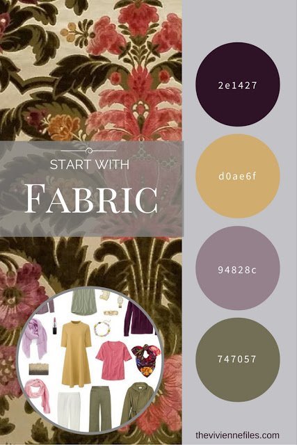 A travel capsule wardrobe in an olive, gold, and purple color palette inspired by a swatch of velvet fabric