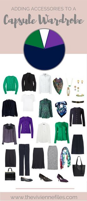 How to Choose Business Accessories for a work capsule wardrobe in a navy, green, and purple color palette