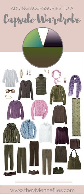 How to add accessories to a capsule wardrobe in an olive, purple, and white color palette