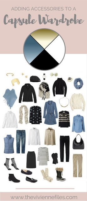 How to add accessories to a winter travel capsule wardrobe in a blue, black, white, and beige color palette