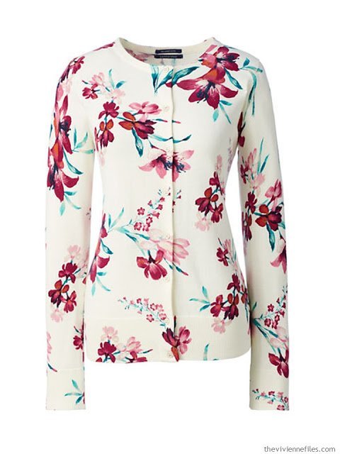 bright burgundy floral cardigan from Lands' End