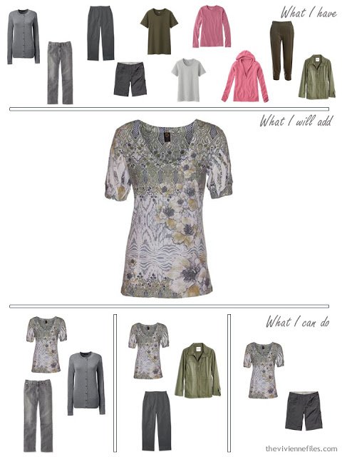 how to add a print tee shirt to an olive and grey travel capsule wardrobe