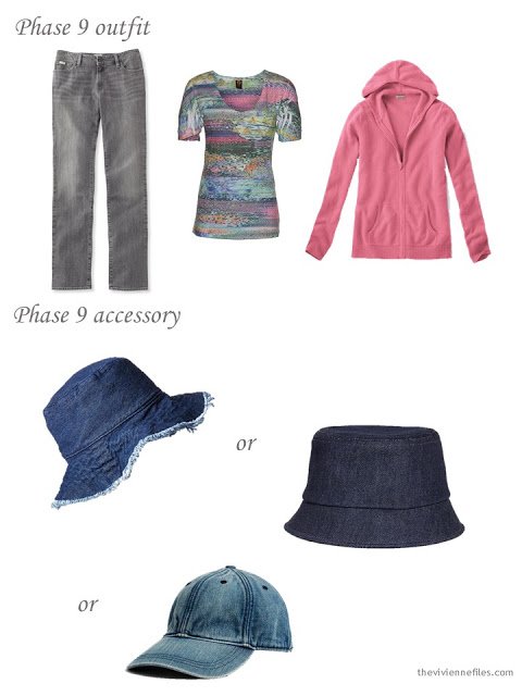 a denim, tee shirt and cashmere cardigan outfit with a choice of denim hats