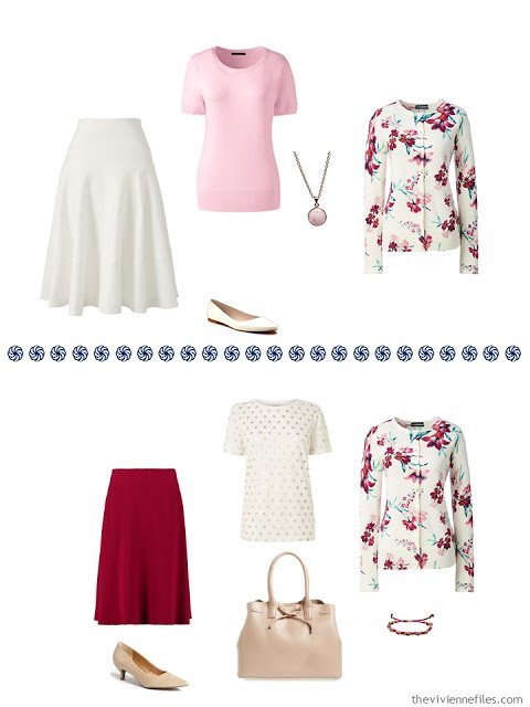 two outfits from a floral cardigan-centered travel capsule wardrobe