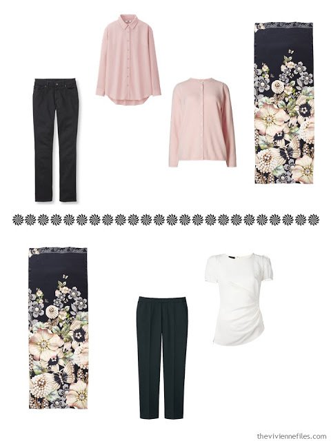 a jeans outfit and a cropped pants ensemble to wear with the Garden Gems scarf by Ted Baker London