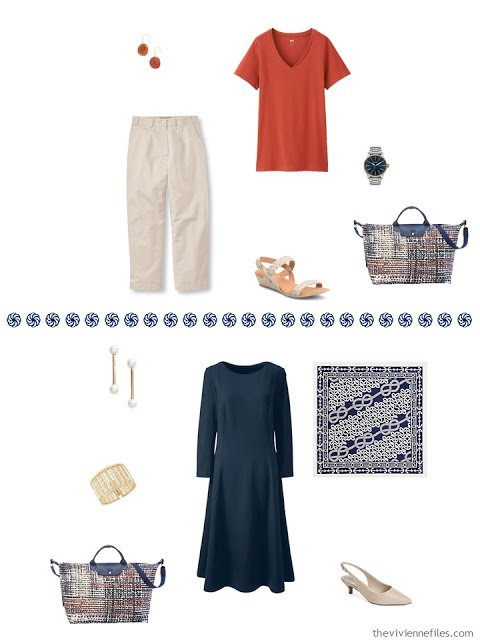 rust tee with khaki capris, navy dress worn with a scarf