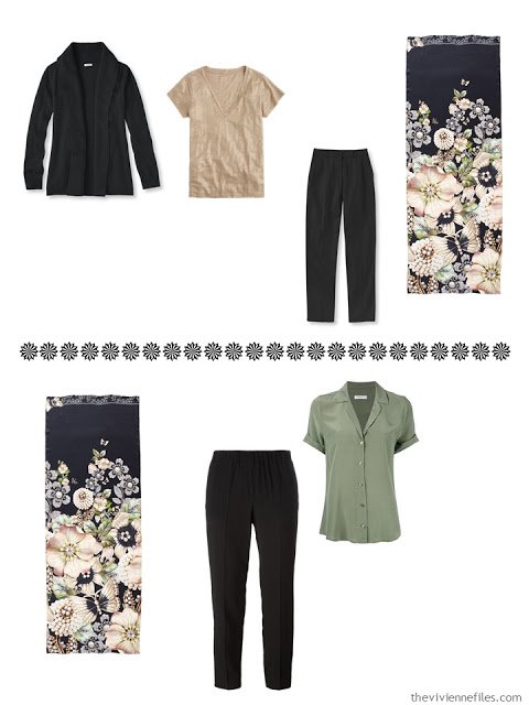 two black trouser ensembles to wear with the Garden Gems scarf by Ted Baker London