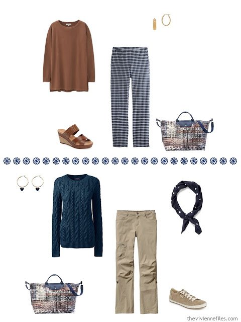 rust tunic with navy and white checked pants, navy sweater with khaki pants