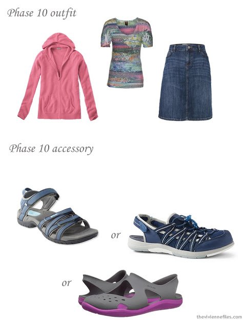 cashmere hoodie, print tee and denim skirt with a choice of water sandals