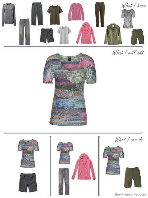 how to add a print tee shirt to an olive and grey travel capsule wardrobe