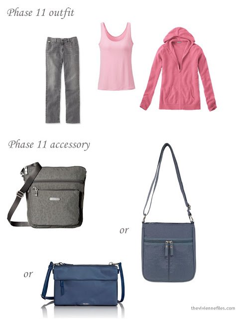 jeans and a sweater, with a choice of nylon cross-body bags