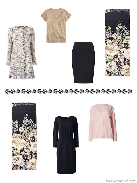 a skirted suit outfit, and a dress ensemble to wear with the Garden Gems scarf by Ted Baker London