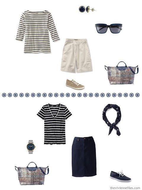 navy and cream breton top with khaki shorts, navy & white tee with denim skirt