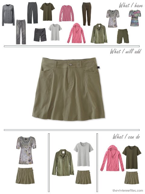 How to add an olive skort to a travel capsule wardrobe in olive and grey