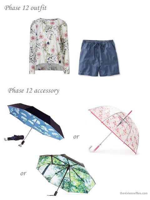 a floral sweatshirt and denim shorts, with a choice of fun printed umbrellas