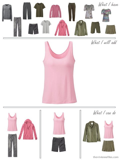 how to add a pink tank top to a travel capsule wardrobe in olive and grey