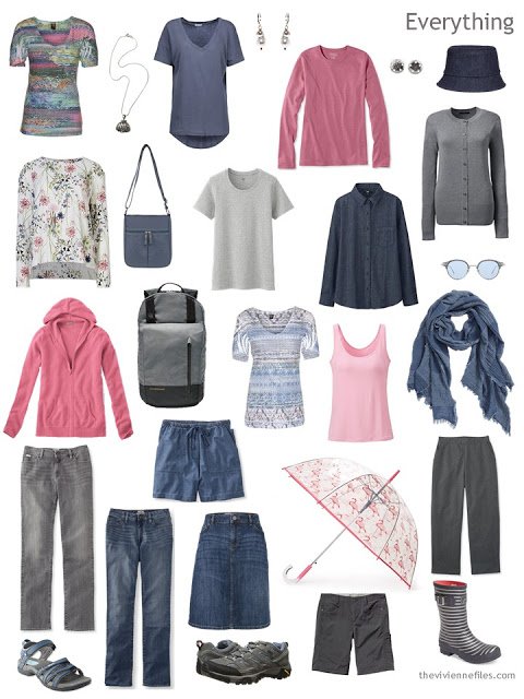 sixteen piece travel capsule wardrobe in grey, denim blue and pink