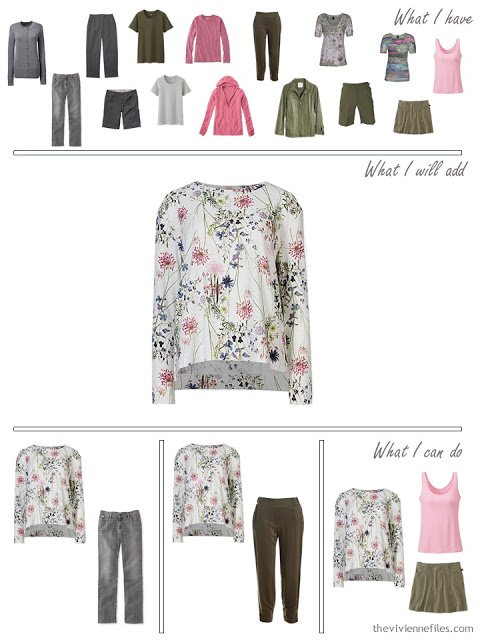 How to add a floral sweatshirt to a grey and olive capsule travel wardrobe