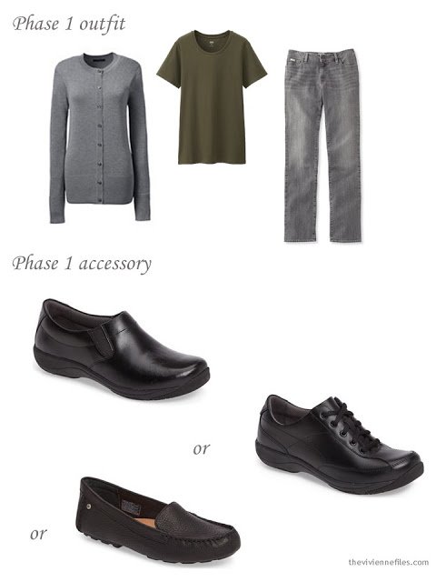 A choice of black shoes to wear with olive and grey