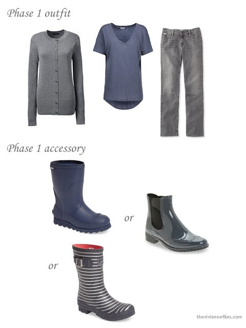 A grey and denim blue outfit, with a choice of waterproof boots