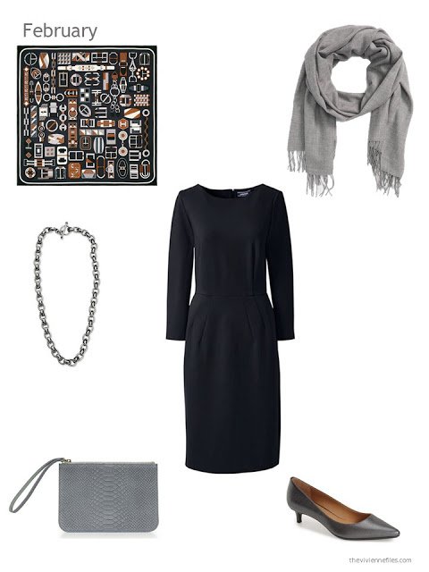 black dress with silver and grey accessories