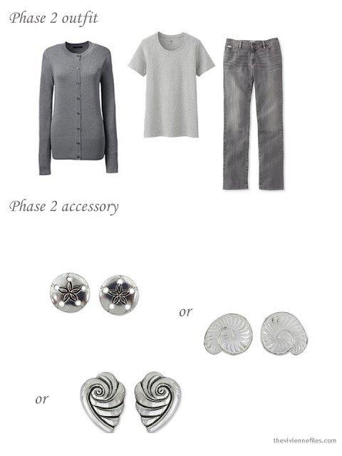 grey outfit, with a choice of seashell-inspired stud earrings