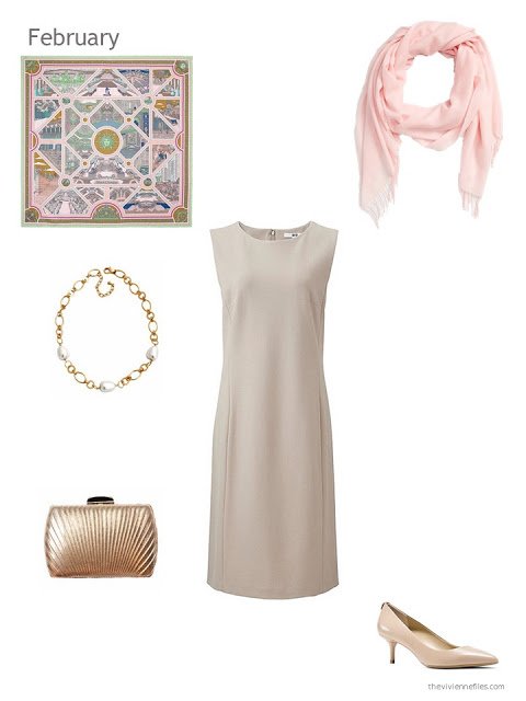 beige dress with gold and pink accessories