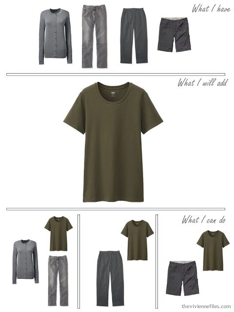 how to add an olive tee shirt to an olive and grey traval capsule wardrobe