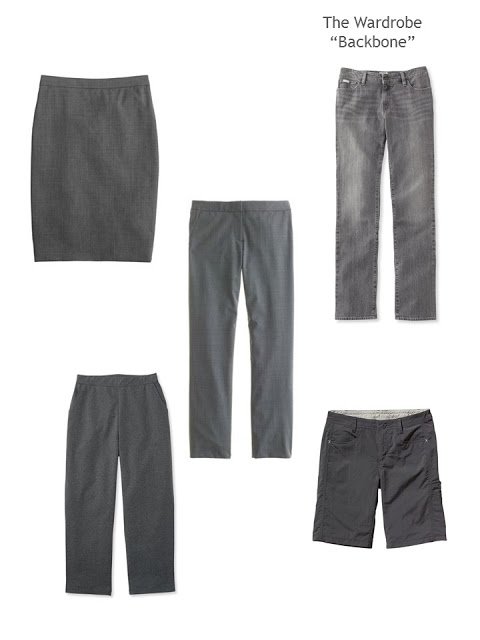 Five charcoal grey bottoms to serve as the backbone of a capsule or travel wardrobe