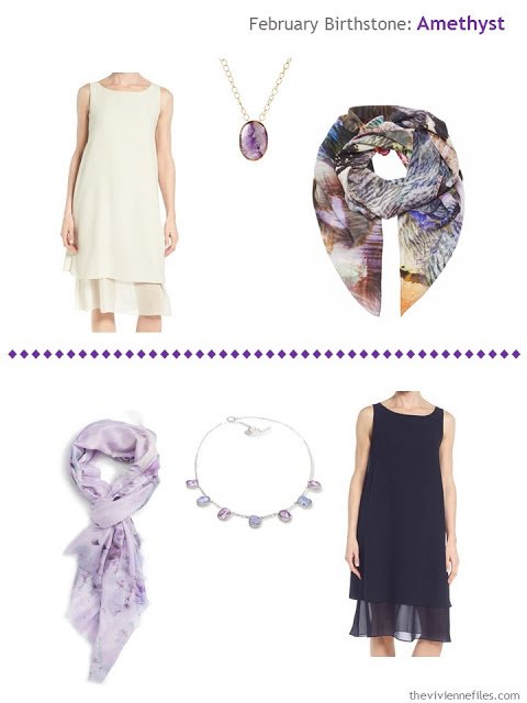 how to wear amethysts with an ivory dress or a navy dress