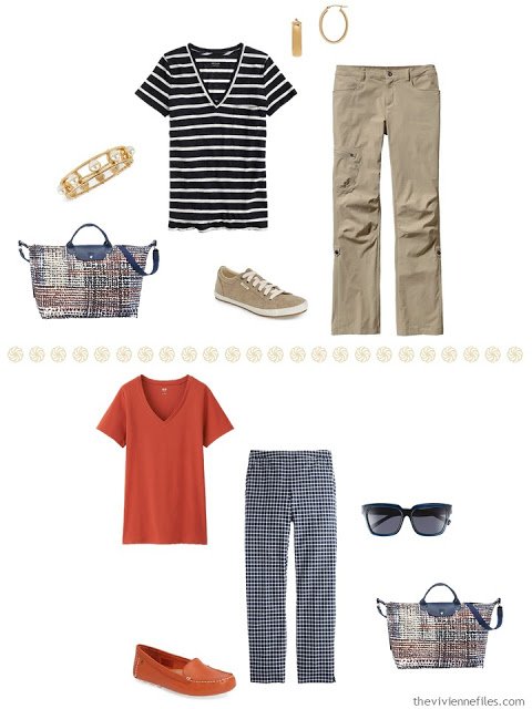 navy striped tee shirt with khaki pants, orange tee with navy and white checked pants