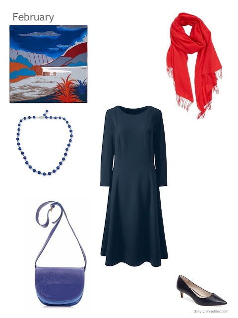navy dress with red and blue accessories