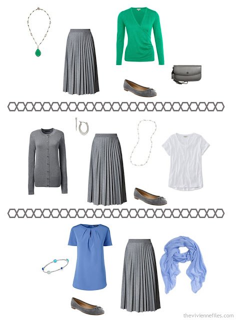 three ways to wear a charcoal grey pleated skirt