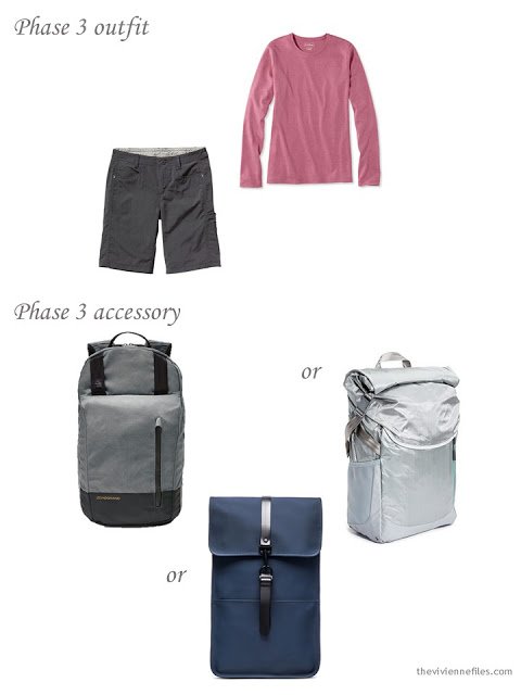 shorts and a pink tee, with a choice of water-resistant nylon backpacks