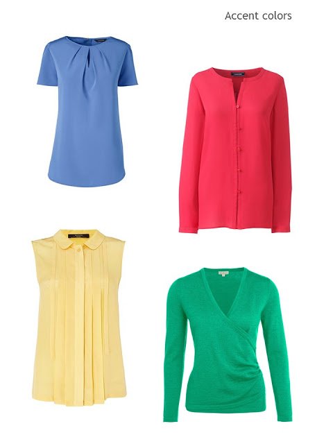 four accent color blouses and sweaters