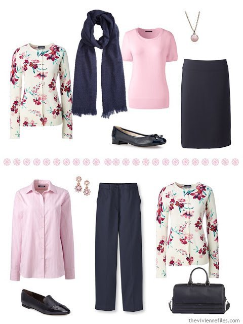 two outfits in navy and pink, with a floral cardigan