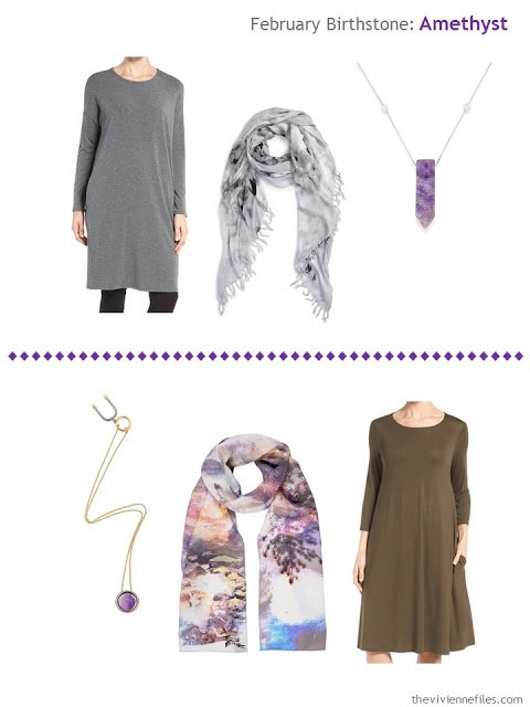 how to wear amethysts with a grey dress or a brown dress