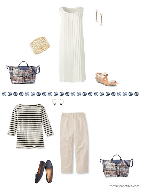 ivory dress, navy & cream breton top with khaki capris