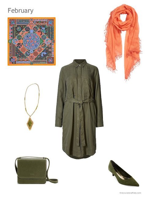 olive dress with olive and orange accessories