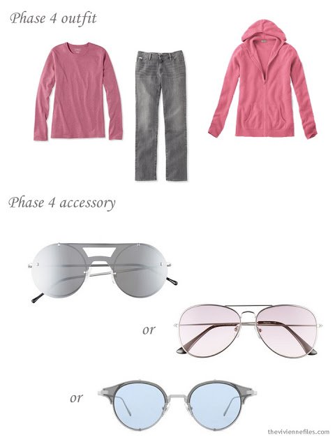 A pink and grey outfit with a selection of pastel sunglasses.