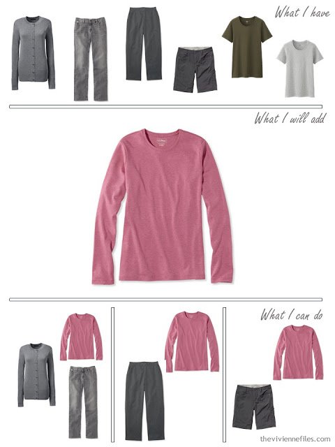 how to add a pink tee shirt to a travel capsule wardrobe in olive and grey