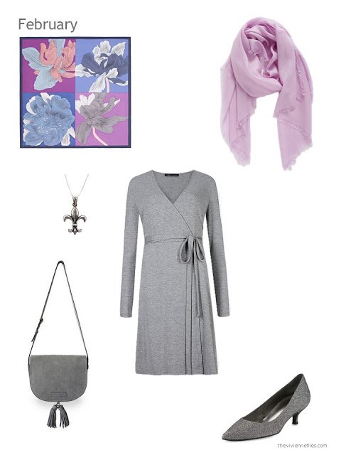 grey dress with grey and orchid accessories