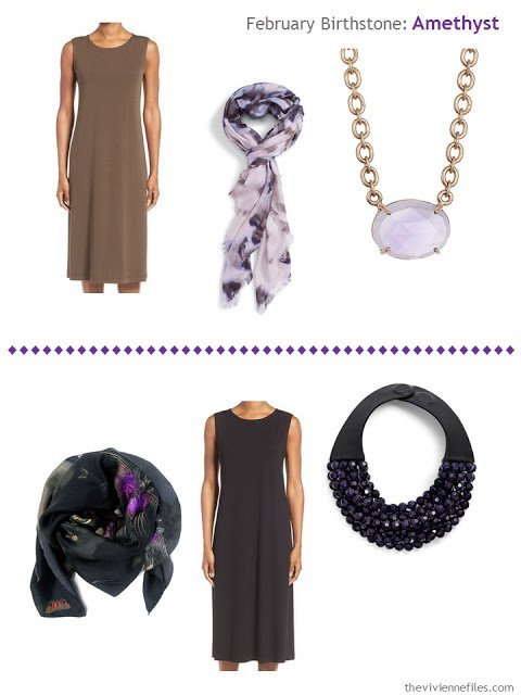 how to wear amethysts with an olive dress or a black dress