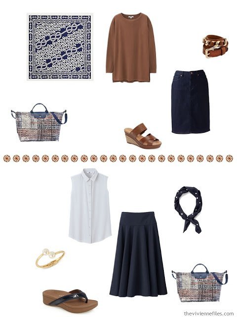 rust tunic with denim skirt, white sleeveless top with navy seersucker skirt